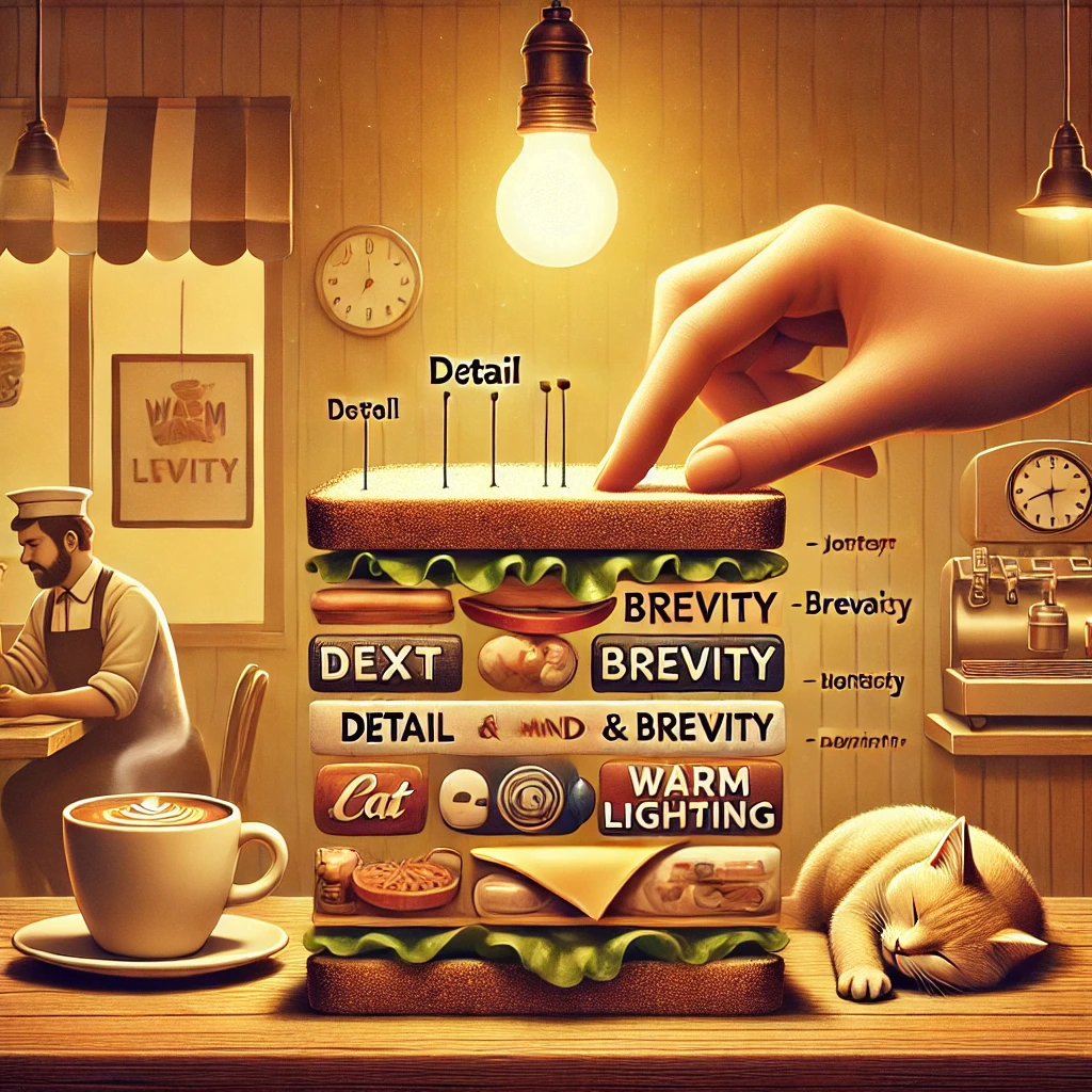 Prompting Techniques: Master clarity and specificity for better communication 3 DALL·E 2024 09 10 19.22.36 A visual metaphor of finding the balance between detail and brevity represented as a sandwich being carefully assembled. The sandwich fillings repres