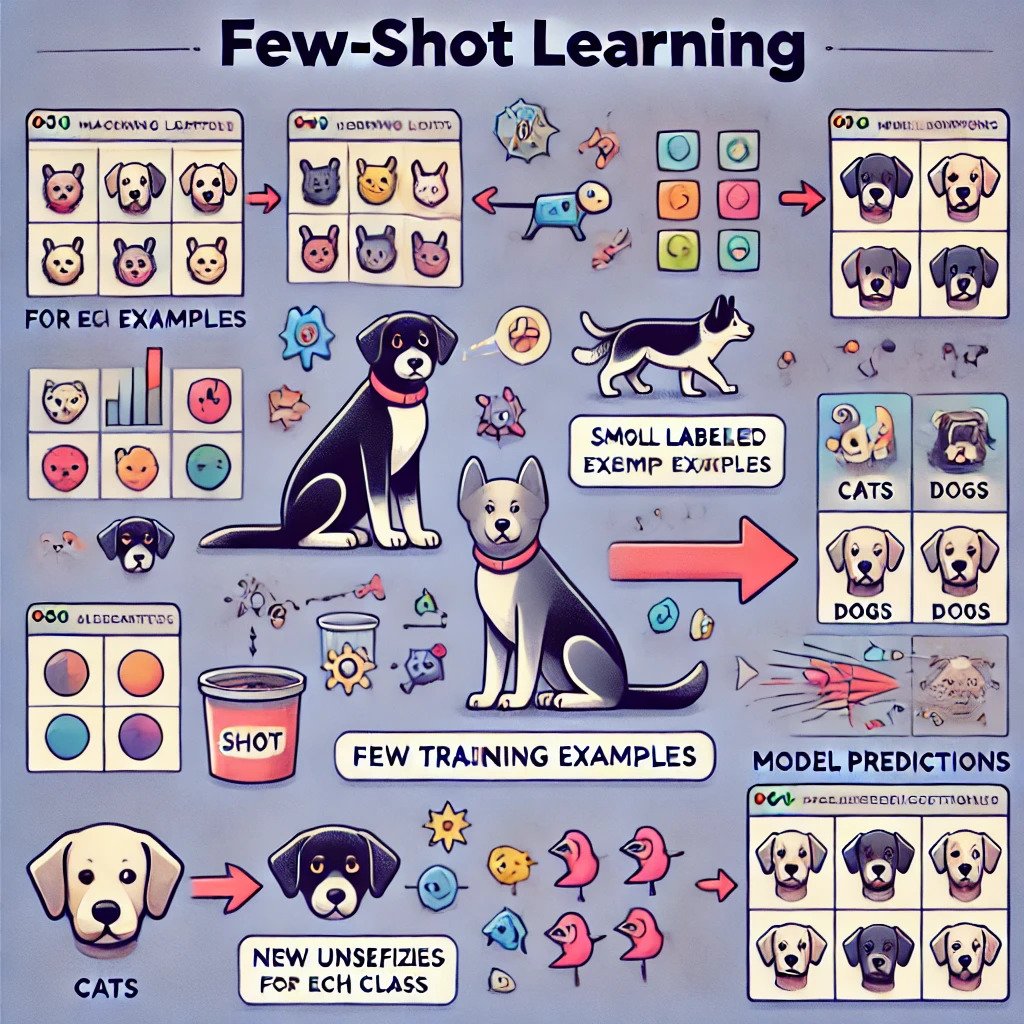 The Art of Prompt Programming: A Deep Dive into Best Practices 3 DALL·E 2024 09 16 13.09.20 A well explained visual representation of few shot learning. The image shows a machine learning model being trained on just a few labeled examples for