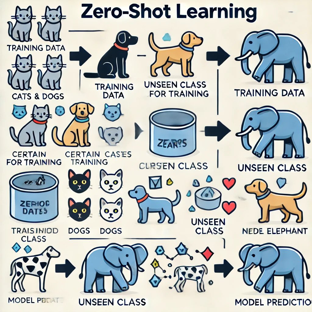 The Art of Prompt Programming: A Deep Dive into Best Practices 4 DALL·E 2024 09 16 13.20.03 A clear and well explained visual representation of zero shot learning. The image shows a machine learning model making predictions on classes it has