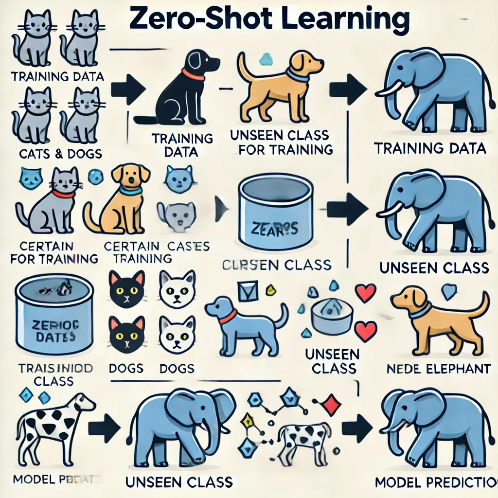 The Art of Prompt Programming: A Deep Dive into Best Practices 4 DALL·E 2024 09 16 13.20.03 A clear and well explained visual representation of zero shot learning. The image shows a machine learning model making predictions on classes it has