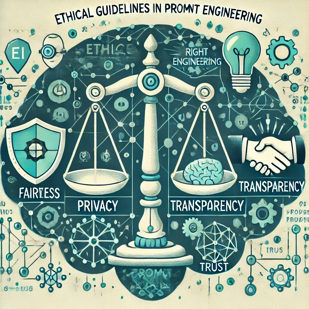 Biases in Prompts: Learn how to tackle them 3 DALL·E 2024 09 17 22.18.20 An infographic style image illustrating Ethical Guidelines in Prompt Engineering. The image should include a balance scale symbolizing fairness a s